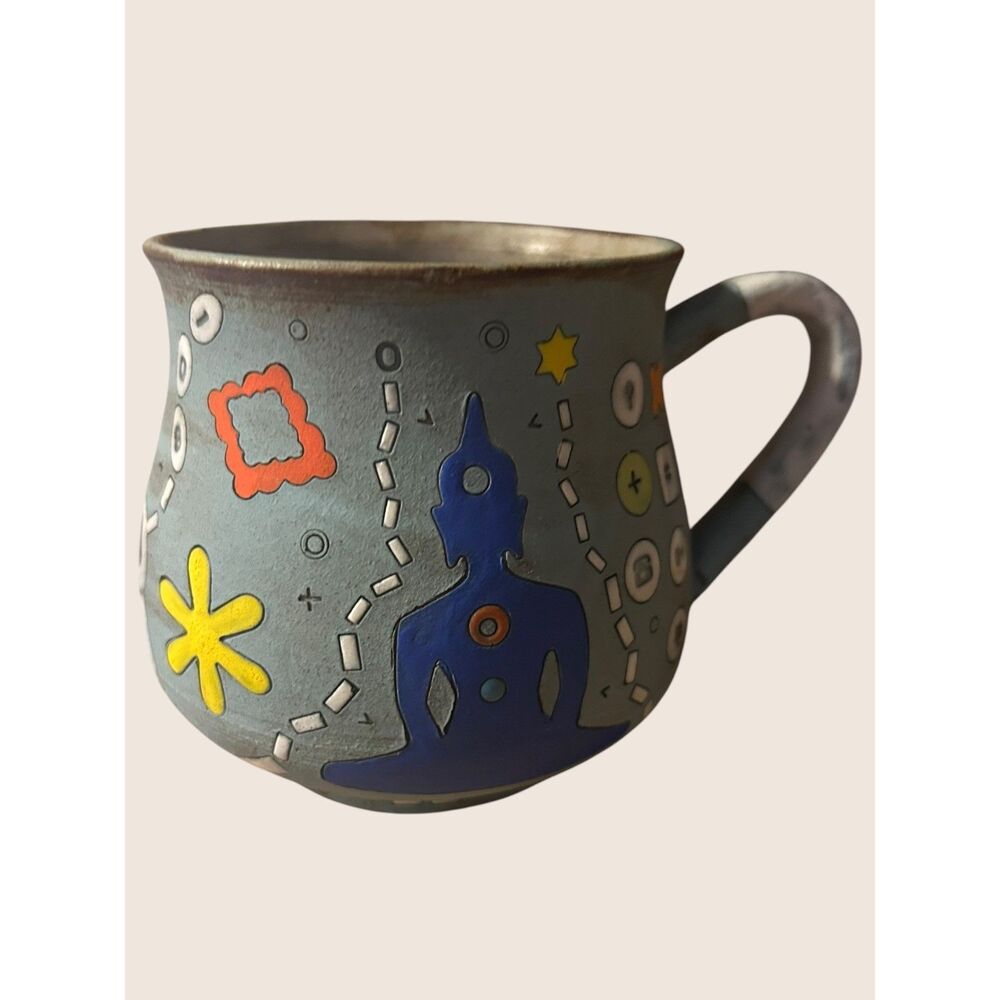 ☕️ MASA SASAKI CERAMICS BUDDHA MOTIF BLUE POT BELLY ART MUG 100% HAND CRAFTED - Picture 2 of 8